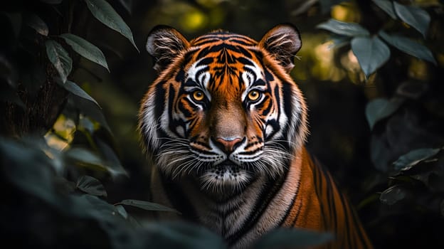 A majestic tiger gazes through lush jungle foliage.