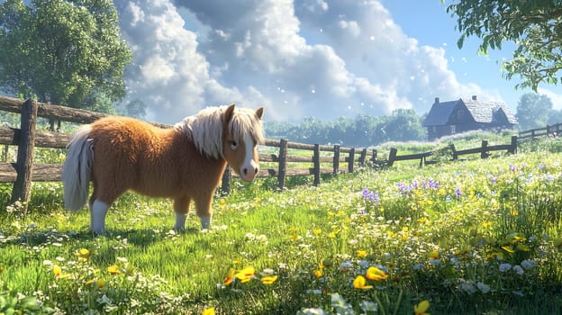 A miniature horse stands in a vibrant, sunny meadow with flowers.
