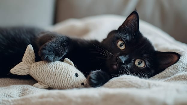 A playful black cat cuddles with a toy fish on a cozy blanket.
