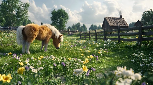 A pony grazes in a vibrant flower-filled meadow near a rustic cabin.