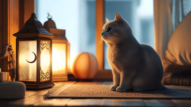 A serene cat gazes by warm lanterns in a cozy setting.