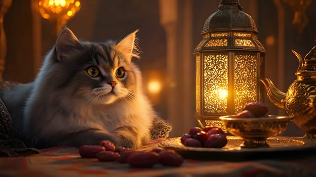 A serene cat rests beside a glowing lantern and a plate of dates.
