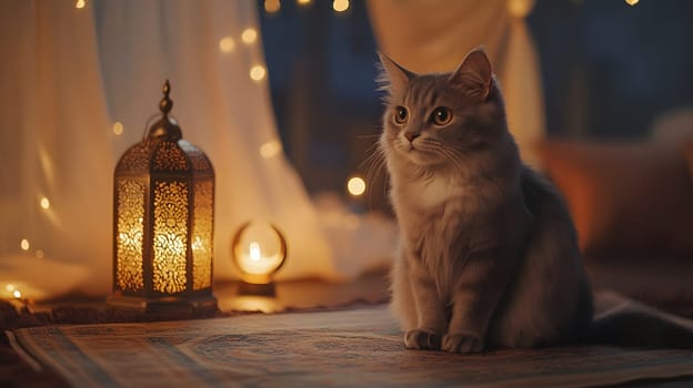 A serene cat sits beside glowing lanterns in a cozy setting.