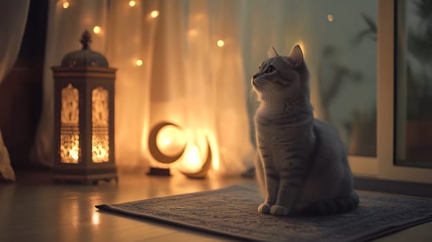 A serene cat sits on a rug, illuminated by soft, warm lights.