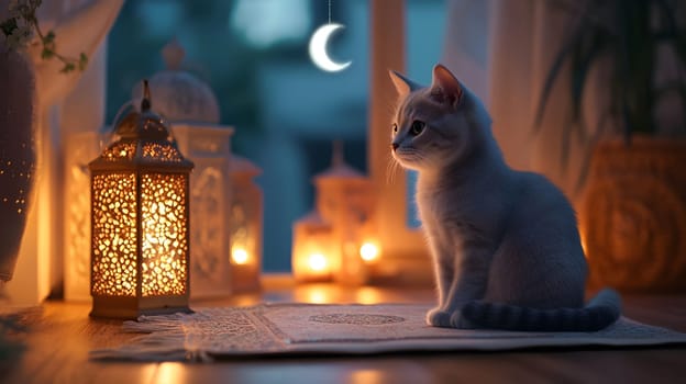 A serene cat sitting by a lantern in a cozy evening setting.