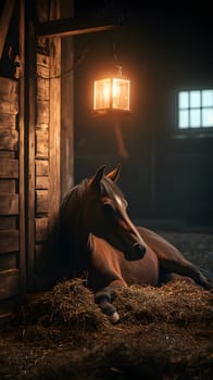 A serene horse resting in a dimly lit barn.