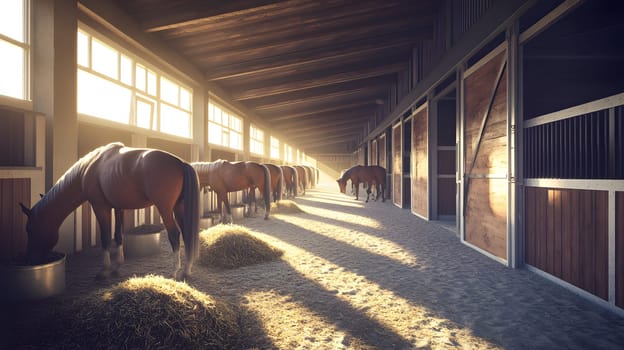 A serene horse stable with horses feeding and warm sunlight streaming in.