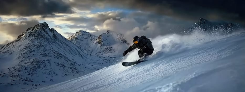 Winter thrill: snowboarder navigating snowy slopes of winter mountains, showcasing skill, adrenaline while enjoying breathtaking scenery and vibrant atmosphere of a snowy adventure