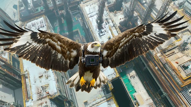 A soaring eagle equipped with a camera above industrial structures.