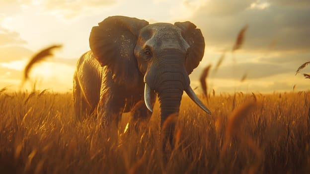 An elephant walking through tall grass at sunset.