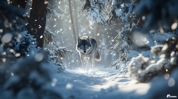 A wolf navigating through a snowy forest with soft light and snowfall.