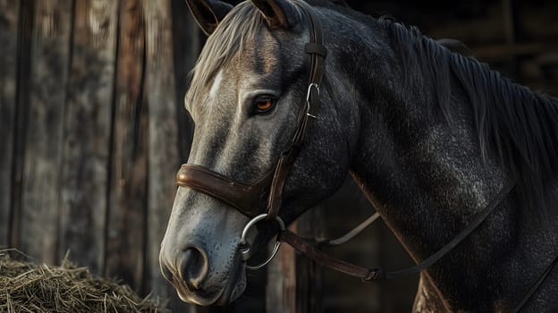 Close-up of a gray horse with a bridle in a rustic setting.