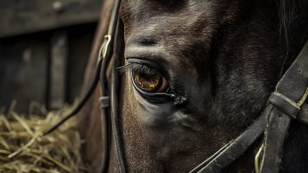 Close-up of a horse's eye with hay in the background.
