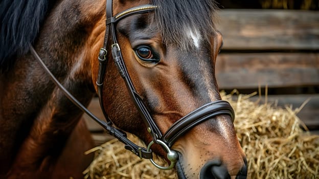 Close-up of a horse's face with a bridle, set against a rustic backdrop.