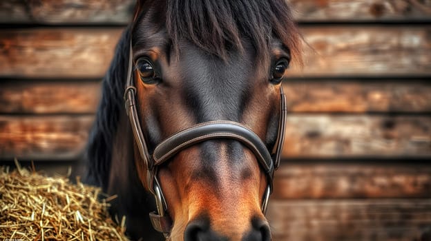Close-up of a horse's face with a rustic background and hay.