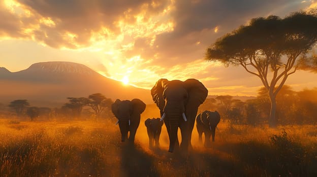 Elephants walking against a stunning sunset backdrop.