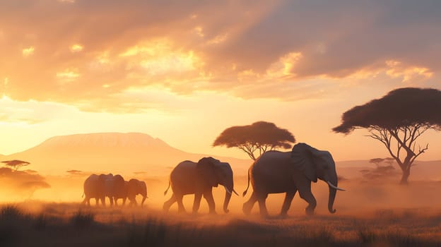 Elephants walking at sunset in a serene landscape.