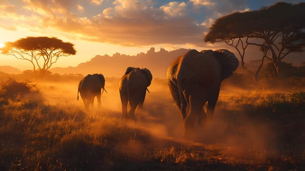 Elephants walking through a misty savanna at sunset.