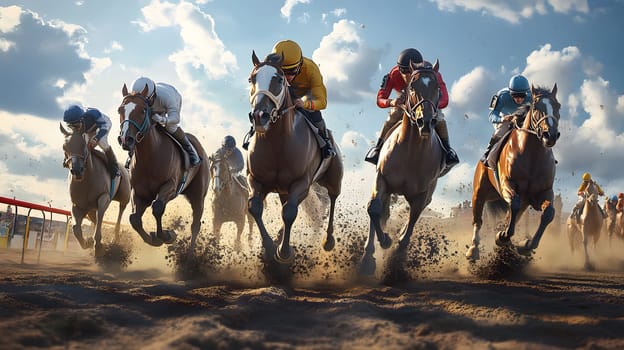 Exciting horse race with jockeys competing on a dirt track.