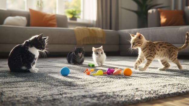 Four playful cats interacting with colorful toys in a cozy living room.