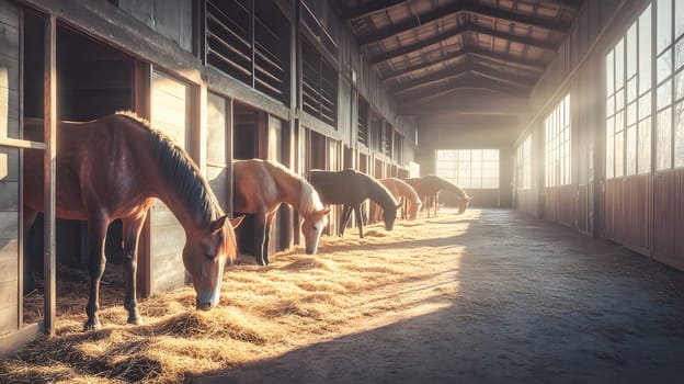 Horses eating hay in a sunlit stable, showcasing serene barn life.