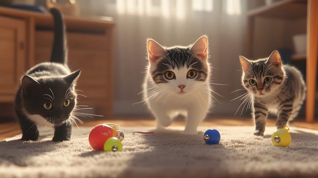 Three playful cats exploring colorful toys on a soft rug.