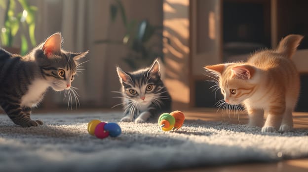 Three playful kittens exploring colorful toys on a soft rug.