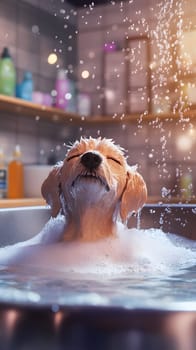 A dog enjoying a relaxing bubble bath with closed eyes.