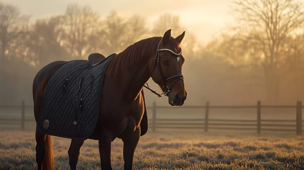 A horse stands in a misty field at sunrise, exuding tranquility.