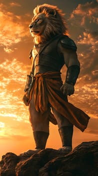 A lion warrior stands majestically against a sunset backdrop.