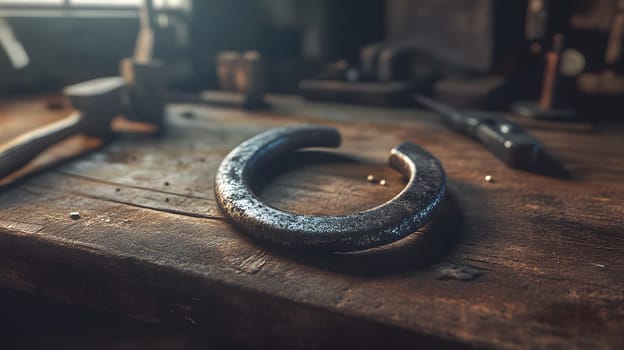A rustic horseshoe rests on a wooden workbench in a workshop.