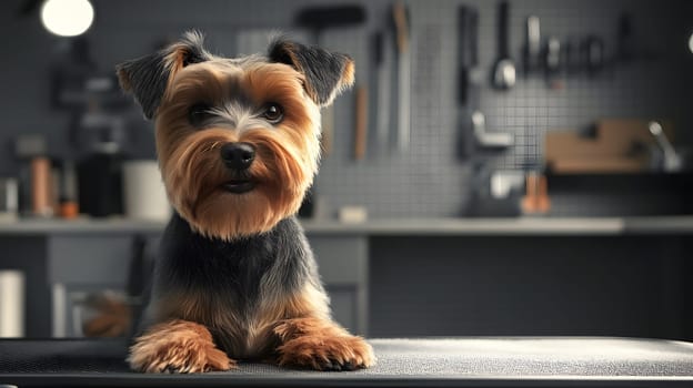 A small dog resting on a table in a workshop setting.