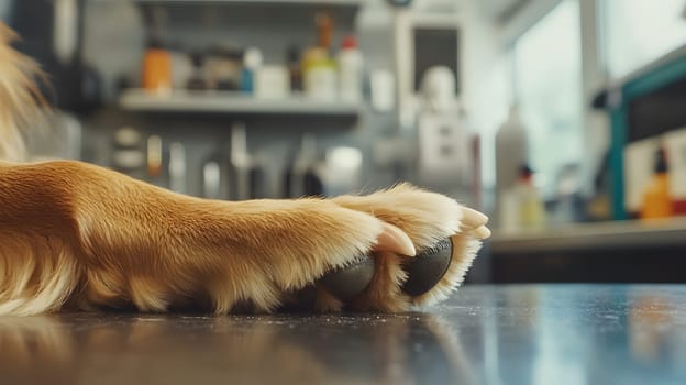 Close-up of a dog's paw resting on a table in a kitchen setting.