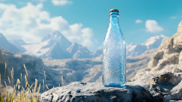 A blue glass bottle on a rock with mountains in the background.