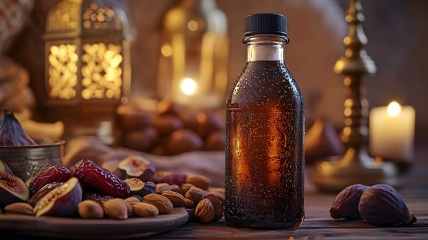 A bottle of syrup surrounded by nuts and dried fruits.