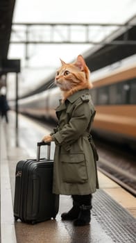 A cat in a trench coat stands with a suitcase at a train station.