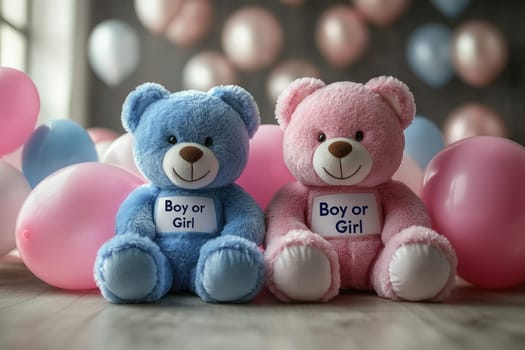 Gender party, pink and blue decorations, a lively celebration filled with happiness and the anticipation of discovering whether a boy or girl, bringing loved ones together in excitement