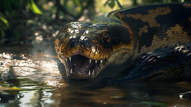 A large snake and an alligator in a natural setting by water.