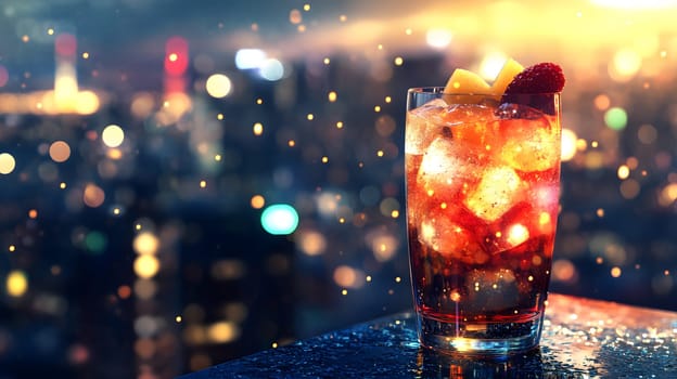 A refreshing cocktail with ice and fruit, set against a city skyline.