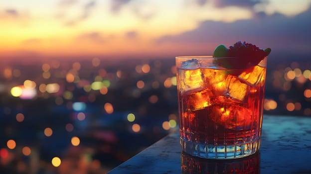 A vibrant cocktail sits on a table against a sunset city backdrop.