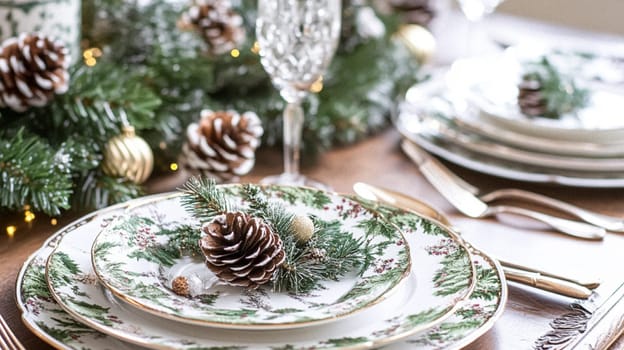 Christmas tablescape decoration, formal family dinner holiday celebration, luxury table setting decor, English country and home style idea