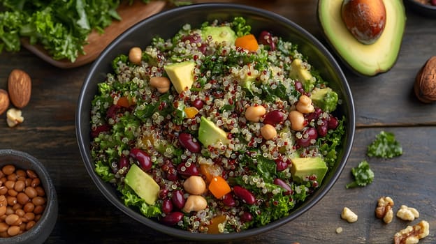 A colorful quinoa salad with vegetables and legumes in a bowl.