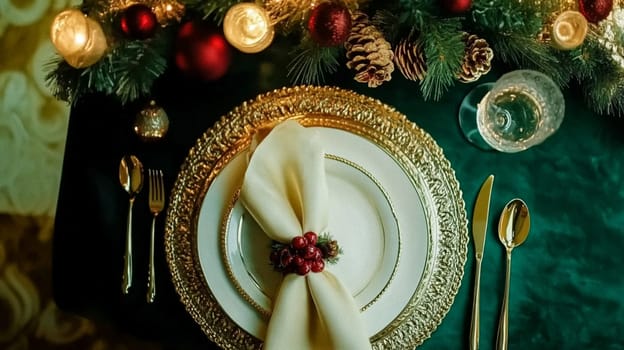Christmas tablescape decoration, formal family dinner holiday celebration, luxury table setting decor, English country and home style idea