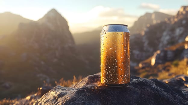 A condensation-covered can rests on a rock amidst a scenic landscape.