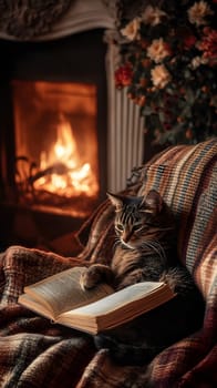A cozy cat reading by the fireplace on a warm blanket.