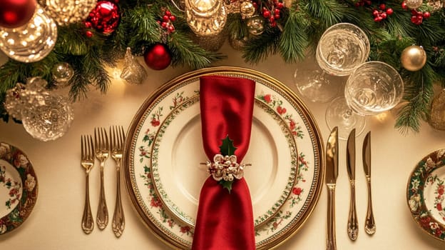 Christmas tablescape decoration, formal family dinner holiday celebration, luxury table setting decor, English country and home style idea