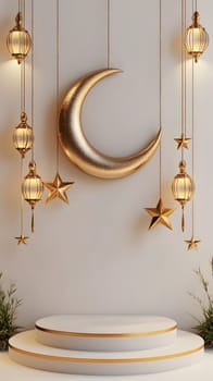 A decorative scene featuring a crescent moon and hanging lanterns.