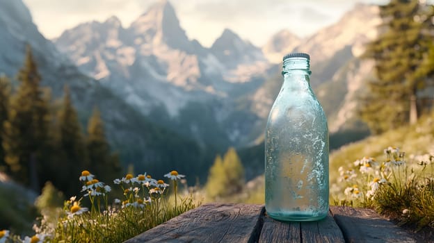 A glass bottle sits on a wooden surface in a scenic mountain landscape.