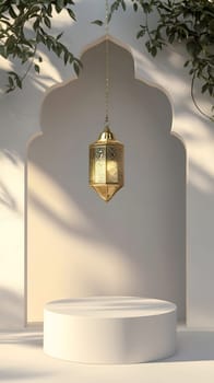 A golden lantern hangs in an elegant architectural setting.