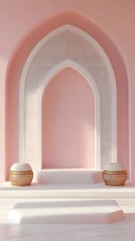 A minimalist architectural space with pink walls and decorative pots.
